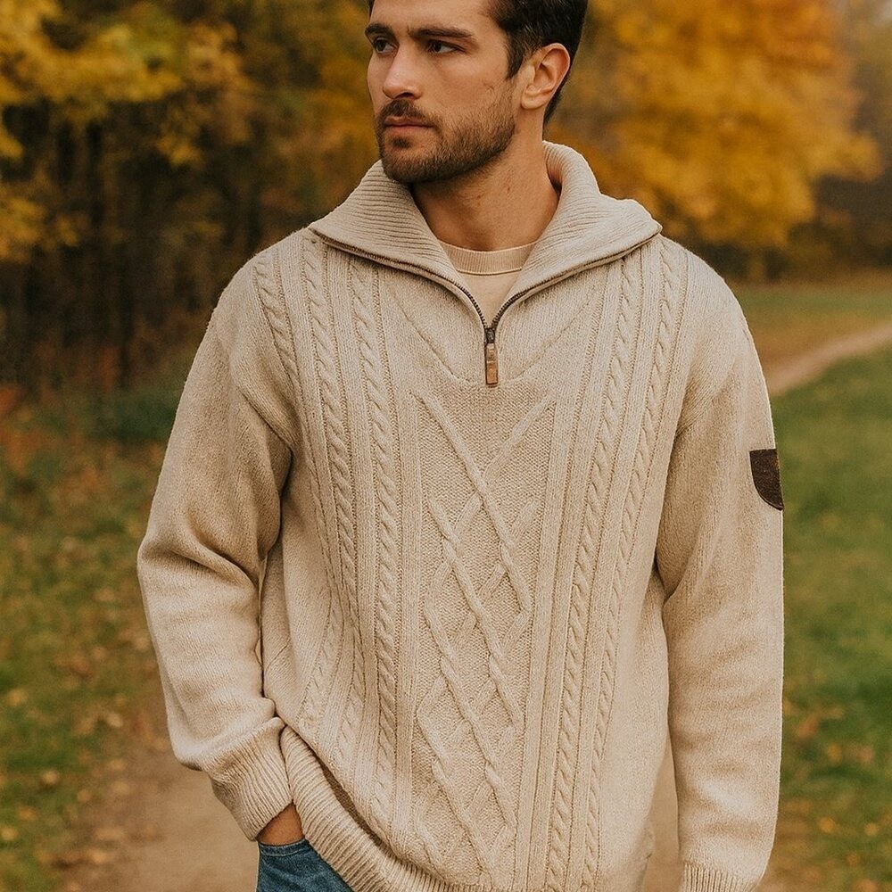 Lari-Deals Mens Oatmeal Beige Cable Knit Quarter Zip Sweater Maple Leaf Patch XL
